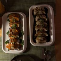 Tom Yum dumplings on the left, Teriyaki dumplings on the right. Sorry for the poor lighting, it looks delicious when you see it served    at HeyBong - The Healthy Secrets  in Siem Reap