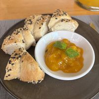 Complimentary bread and mango passion fruit couliss while  at HeyBong - The Healthy Secrets  in Siem Reap