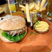 Vegan jackfruit burger, fries & coleslaw  at Thatch in Croyde