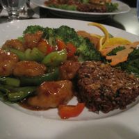 Kung Po 'chicken' with vegan fish (behind the broccoli), rice and vegetables at Zen Gardens - Quebec in Quebec