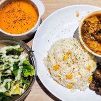 The best: Salsa butter corn rice with sweet potato soup and salad at Lian Xin - 莲芯膳坊 in Central Singapore