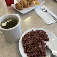 Vegetarian samosas, green tea, side of brown rice.  at Thai Orchid in Stroudsburg