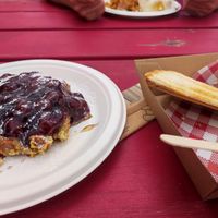 Waffle with cherries and baked bean jaffle at Waffles & Jaffles in Coonalpyn