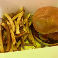 Sweet Heat Chick'n Sandwich and Fries at Oops All Vegan in Jackson