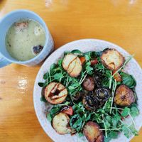 Vegan pan seared portobello mushroom and watercress salad with a cup of soup at The Coffee Shop @ Heaton in Bolton