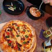 Pizza & Tom Yum Soup with Tofu. 😋 at The Vegan Table in Bangkok