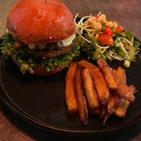 Beyond meat burger with fries  at The Vegan Table in Bangkok