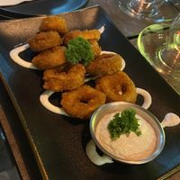 "Calamari" rings with vegan mayo dip  at The Vegan Table in Bangkok