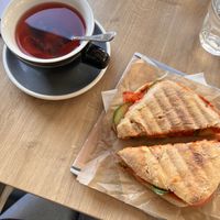 Fruit tea and vegan sandwich  at Rokusch in Pecs