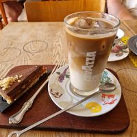 Snickers cake (gluten free) and ice coffee at Beans and Tales in Malmo