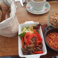 Brunch selection: vegetables, baked beans, vegan yogurt with granola (and freshly toasted delicious bread) at Beans and Tales in Malmo