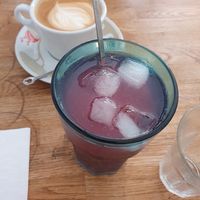 Homemade raspberry syrup and cappuccino at Beans and Tales in Malmo