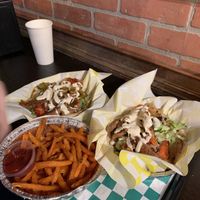 Lamb gyros and sweet potato fries  at Vegan Grill - St Marks in New York City