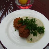 Spicy potato pakoras in a soothing yogurt and parsley sauce. Yum! at Govinda's Restaurant in Septon