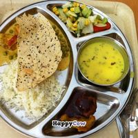The menu of the day at Govinda's (consisting of salad, soup, rice, sabji, pakoras, and papadam).  at Govinda's Restaurant in Septon