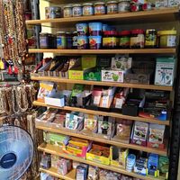 Store attached to the restaurant with basic organic goods and Indian clothing at Govinda's Restaurant in Septon