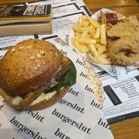Vegan 2.0 burger and side of vegan 'chicken' (deep fried mushrooms) at Burgerslut in Skopje