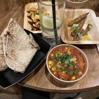 Curry Pumpkin with Sweetcorn and Lentils with Fried okra, Fried Plantain  at Hullabaloo in Shipley
