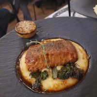 Salmon and polenta special. Very tasty with a lovely texture at Coletta in New York City