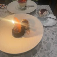 Strawberry Panna cotta and chocolate lava cake with a side of vanilla ice cream   at Coletta in New York City