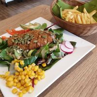 'Chicken' salad and fries at Veganly Convenient in Rochester