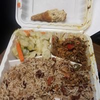 Mock ox tail, steamed cabbage, rice and beans, fried chick'n at Soulkofa in Brooklyn