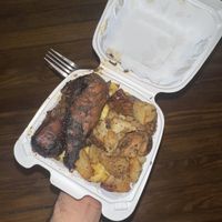 Jerk chicken, potatos, mac n cheesee  at Soulkofa in Brooklyn