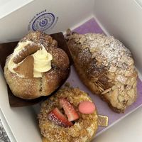 Cinnamon Roll Muffin, Starbwery Shortcake Doughnut, Almond Crossiant (best crossiant ever)   at Purple Horseshoe Baking in Oakville