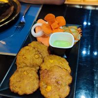 Aloo corn tikki (sauce not vegan, but replaced by vegan tamarind sauce) at What's Up India in Rotterdam