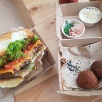 Classic Burger + Arancini (side of Aioli, pickled ginger and Seaweed salad) at Secret Burger Co in Newtown