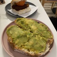 Breakfast roll with vegan sausage & tomato, side of sourdough and side of avocado   at Vera Artisan Bakery in Stirling