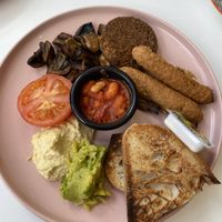 Vegan breakfast with haggis, sausage, homemade beans, hummus, avocado, sourdough, tomato and mushrooms  at Vera Artisan Bakery in Stirling