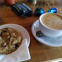 Chocolate and hazelnut cookie and decaf oat latte (June 2022) at Bluebird Bakery in York