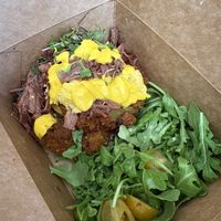 Fried green tomato Benedict with vegan egg and vegan shredded beef  at The Coffee Class in Las Vegas