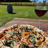 Roast pumpkin, pine nuts, red onion with balsamic glaze and vegan cheese   at Harman Wines in Wattle Bank