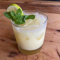 Half-Moon cocktail (sake, mango, coconut cream, biscotti liquer, lime) at Julep Kitchen & Bar in Ellensburg