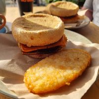 Bac'n egg burger with hash brown at Little No Bones in Byron Bay