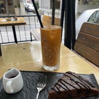 ACE fresh juice and vegan chocolate cake  at Tamper Specialty Coffee & Brunch in Belgrade