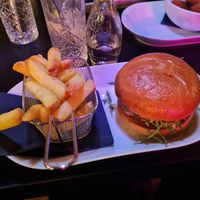 garlic fries and vegan beefy taste paste burger.  at Klandestine in Basel