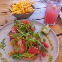 Avocado toast, fries & pink lemonade. Nice! at Bar Habana in Praia Da Luz