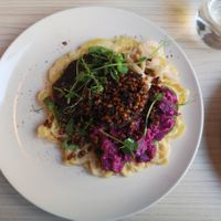 Gagn (Waffle with Vegan-burger, beetroot salad, pickled fennel in apple juice, baked lentils and some greens.) at Vasty Food & Drinks in Aalesund