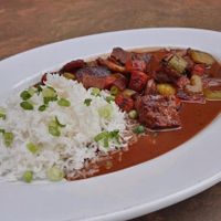 Vegan beef burgundy with homemade seiten and rice at Stella Bleu in Springfield