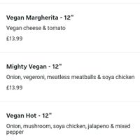 Vegan menu at Caprinos Pizza in Airdrie