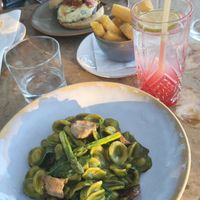 Pasta with basil pesto, asparagus and shitake mushrooms at Lumi Rooftop Restaurant & Bar in Lisbon