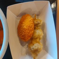 Croquette and mushroom tempura at Marugame Udon in San Francisco