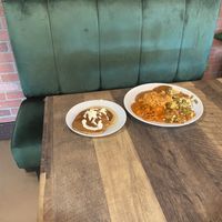 Green Velvet chair and my plates 😋 #Veganuary at Del Cielo Tamales in Tucson