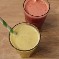 Red juice and green juice at Food Garden in Zagreb