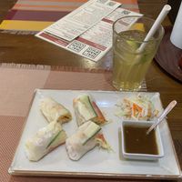 Vegan spring rolls and iced green tea  at Hai Nam Pho Bistro in Budapest