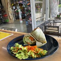 Tortilla wrap-Plant based cheese-Lettuce-Cucumber-Tomato-Fried tofu-Onion-Pepper-Soy sauce  at nTrance Cafe in Khao Lak