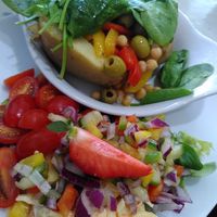 Jacket Potato with olives, spinach, roasted peppers & chickpeas at Two the Square in Conwy